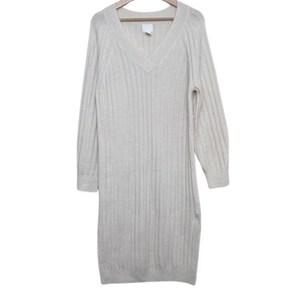 H&M Womens Xsmall Vneck Ribbed Wool Ivory Sweater Dress - Picture 2 of 13